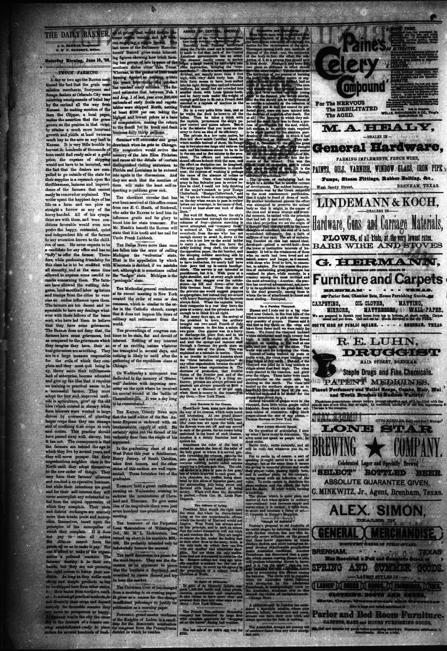 Brenham Daily Banner. (Brenham, Tex.), Vol. 13, No. 139, Ed. 1 Saturday, June 16, 1888
                                                
                                                    [Sequence #]: 2 of 4
                                                