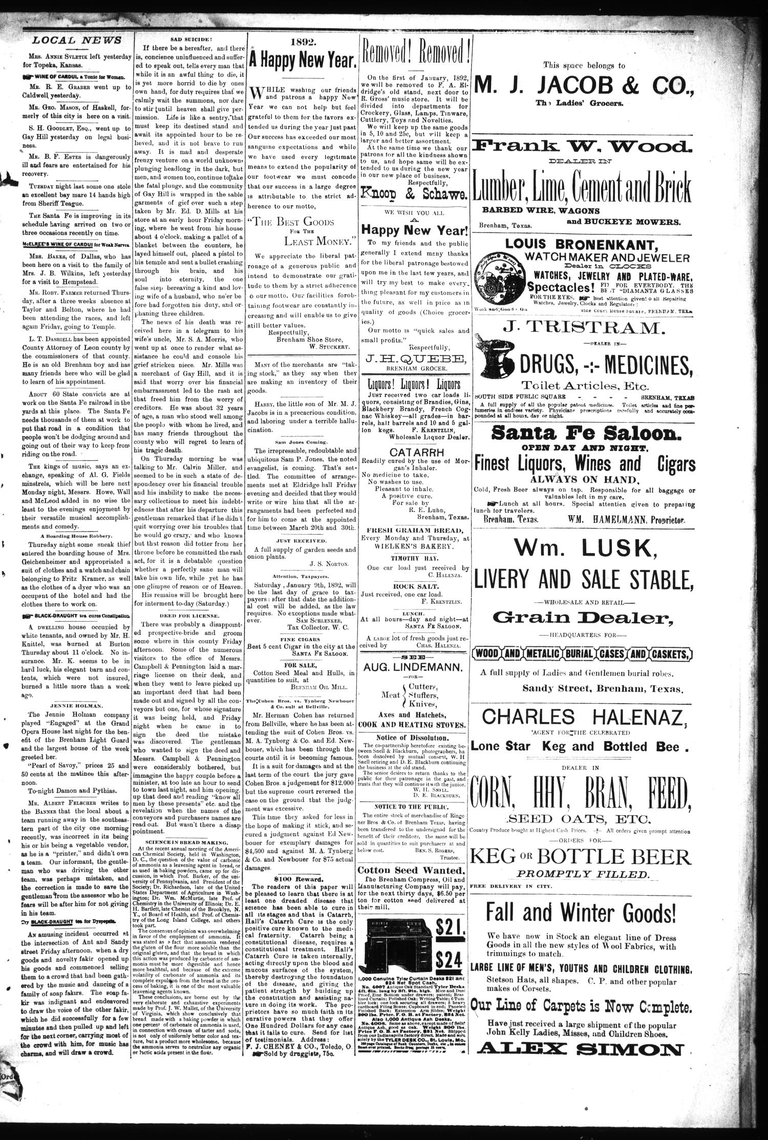Brenham Daily Banner. (Brenham, Tex.), Vol. 17, No. 9, Ed. 1 Saturday, January 9, 1892
                                                
                                                    [Sequence #]: 3 of 4
                                                