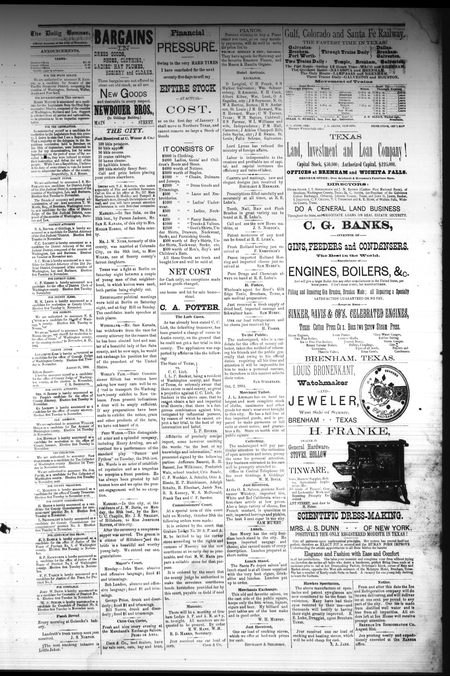Brenham Daily Banner. (Brenham, Tex.), Vol. 9, No. 263, Ed. 1 Tuesday, October 21, 1884
                                                
                                                    [Sequence #]: 3 of 4
                                                
