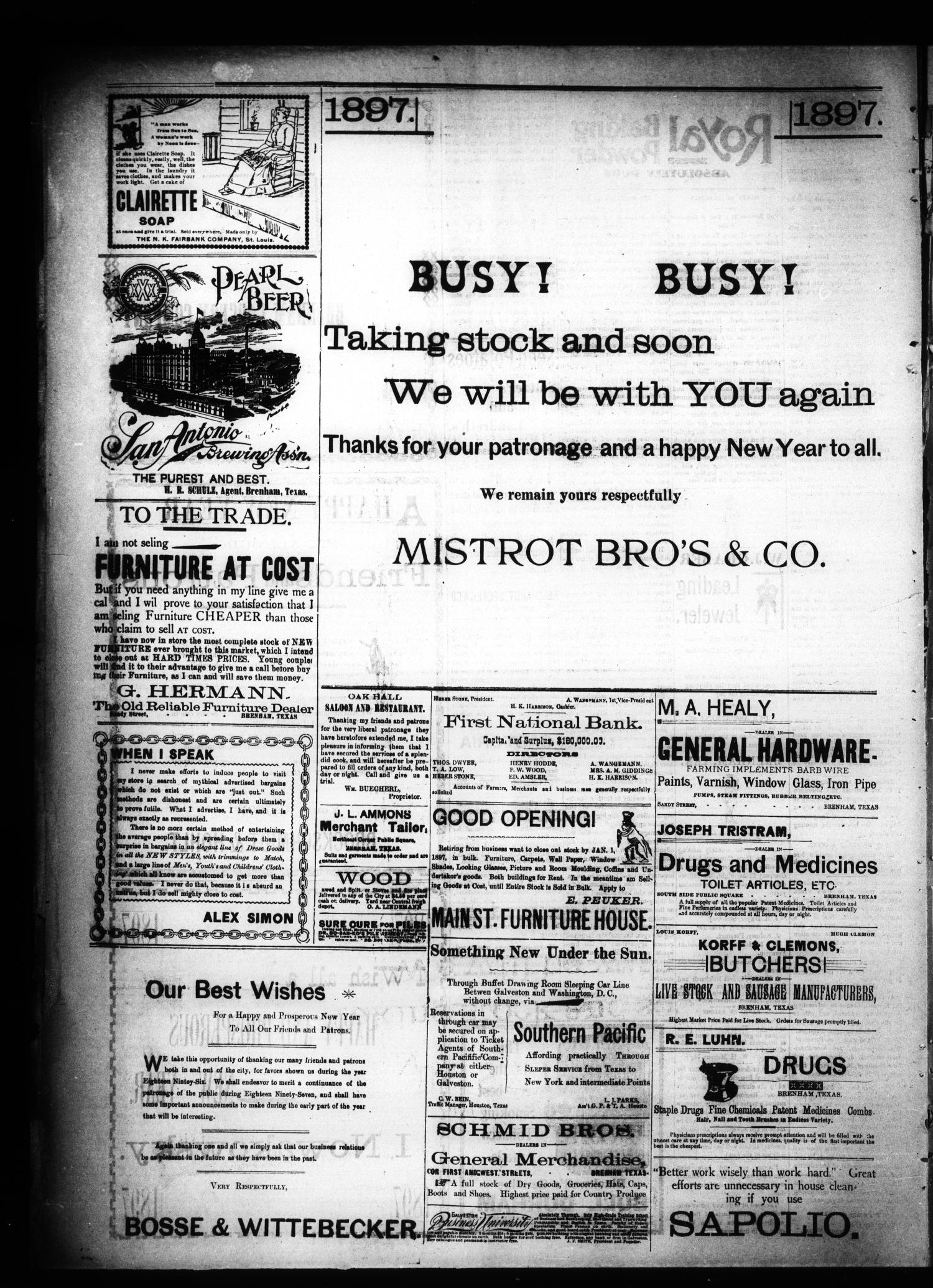 Brenham Daily Banner. (Brenham, Tex.), Vol. 22, No. 9, Ed. 1 Saturday, January 9, 1897
                                                
                                                    [Sequence #]: 4 of 4
                                                