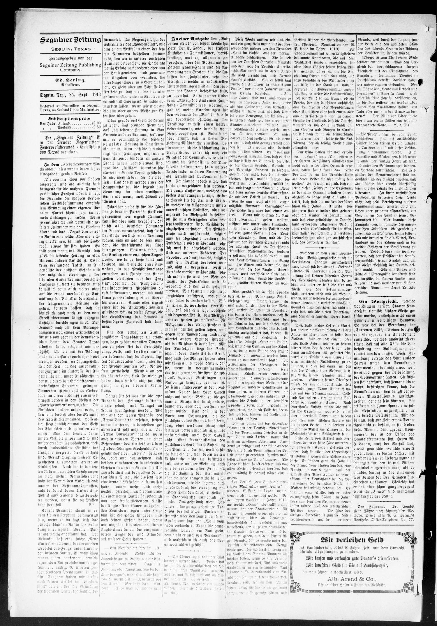 Seguiner Zeitung. (Seguin, Tex.), Vol. 23, No. 6, Ed. 1 Thursday, September 25, 1913
                                                
                                                    [Sequence #]: 4 of 8
                                                