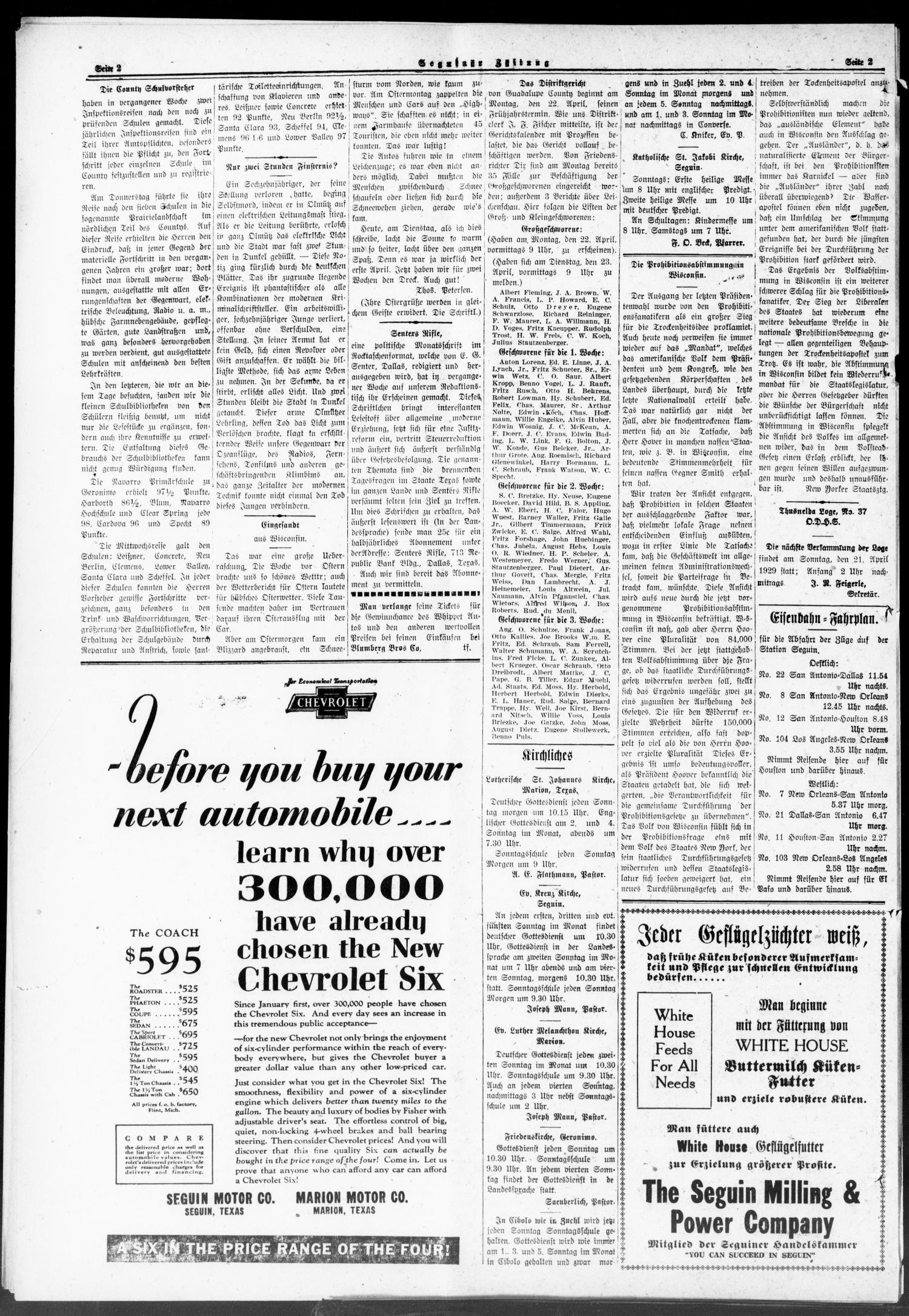 Seguiner Zeitung. (Seguin, Tex.), Vol. 38, No. 33, Ed. 1 Thursday, April 11, 1929
                                                
                                                    [Sequence #]: 2 of 8
                                                