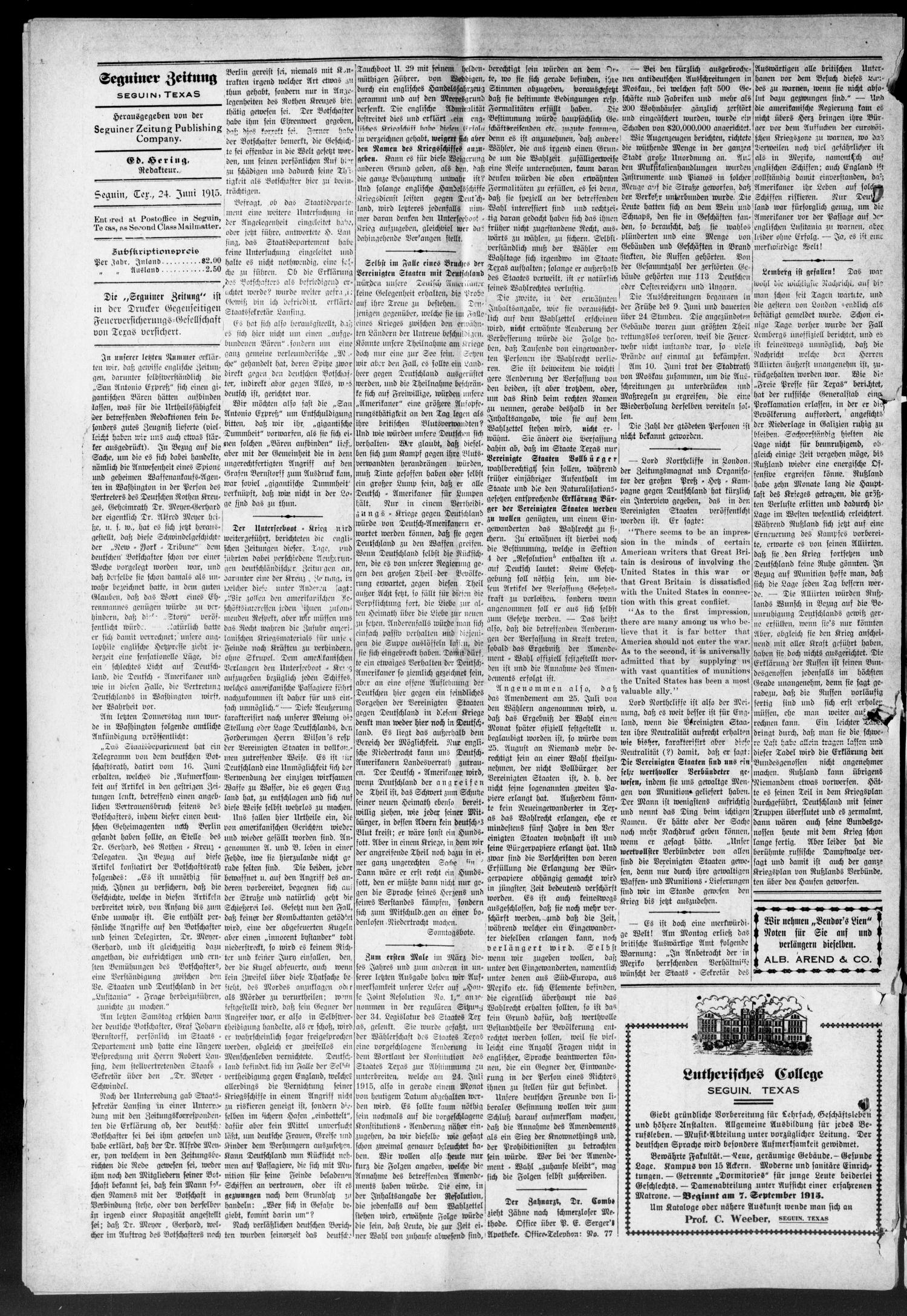 Seguiner Zeitung. (Seguin, Tex.), Vol. 25, No. 44, Ed. 1 Thursday, June 24, 1915
                                                
                                                    [Sequence #]: 4 of 8
                                                