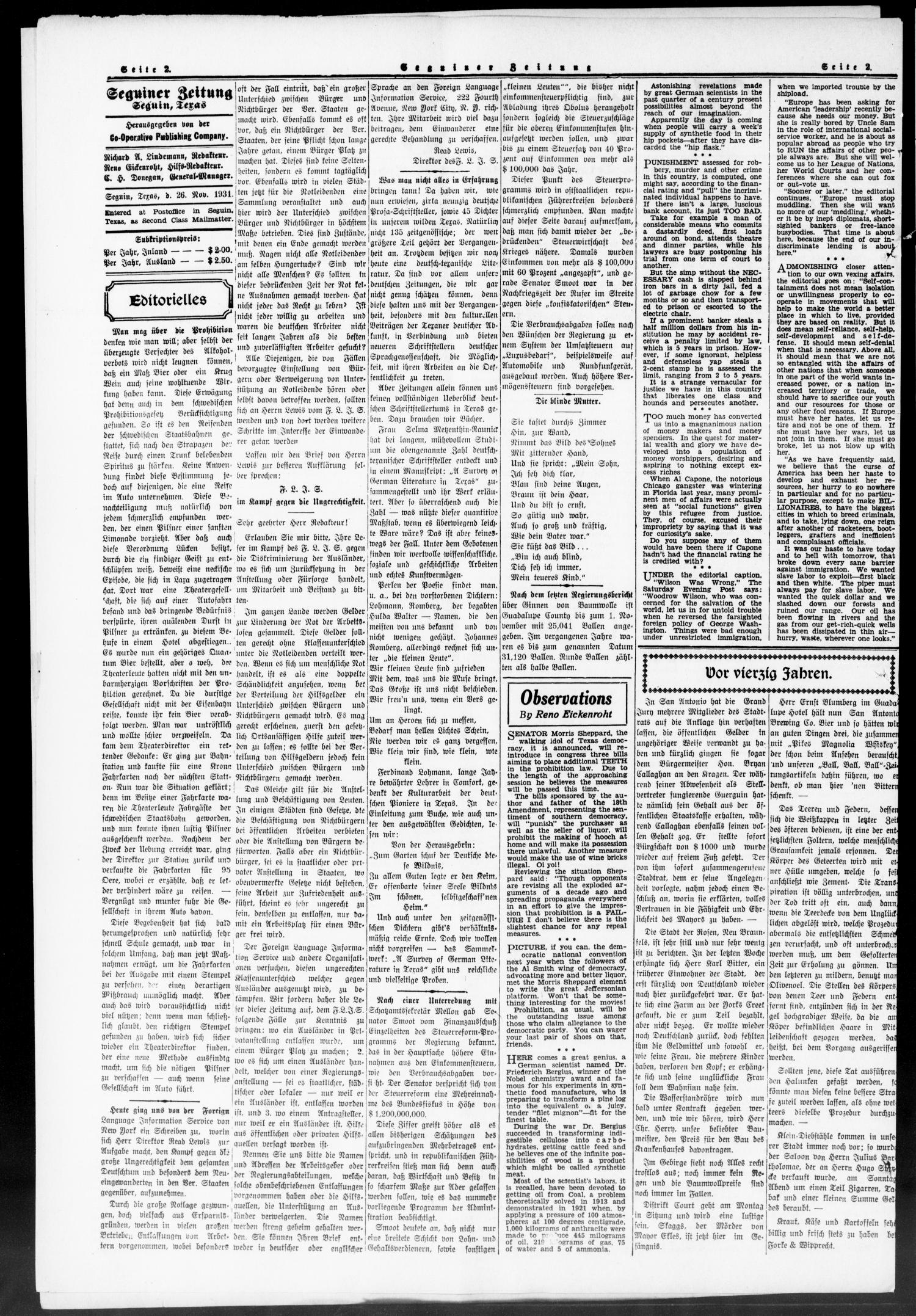 Seguiner Zeitung (Seguin, Tex.), Vol. 41, No. 13, Ed. 1 Thursday, November 26, 1931
                                                
                                                    [Sequence #]: 2 of 8
                                                