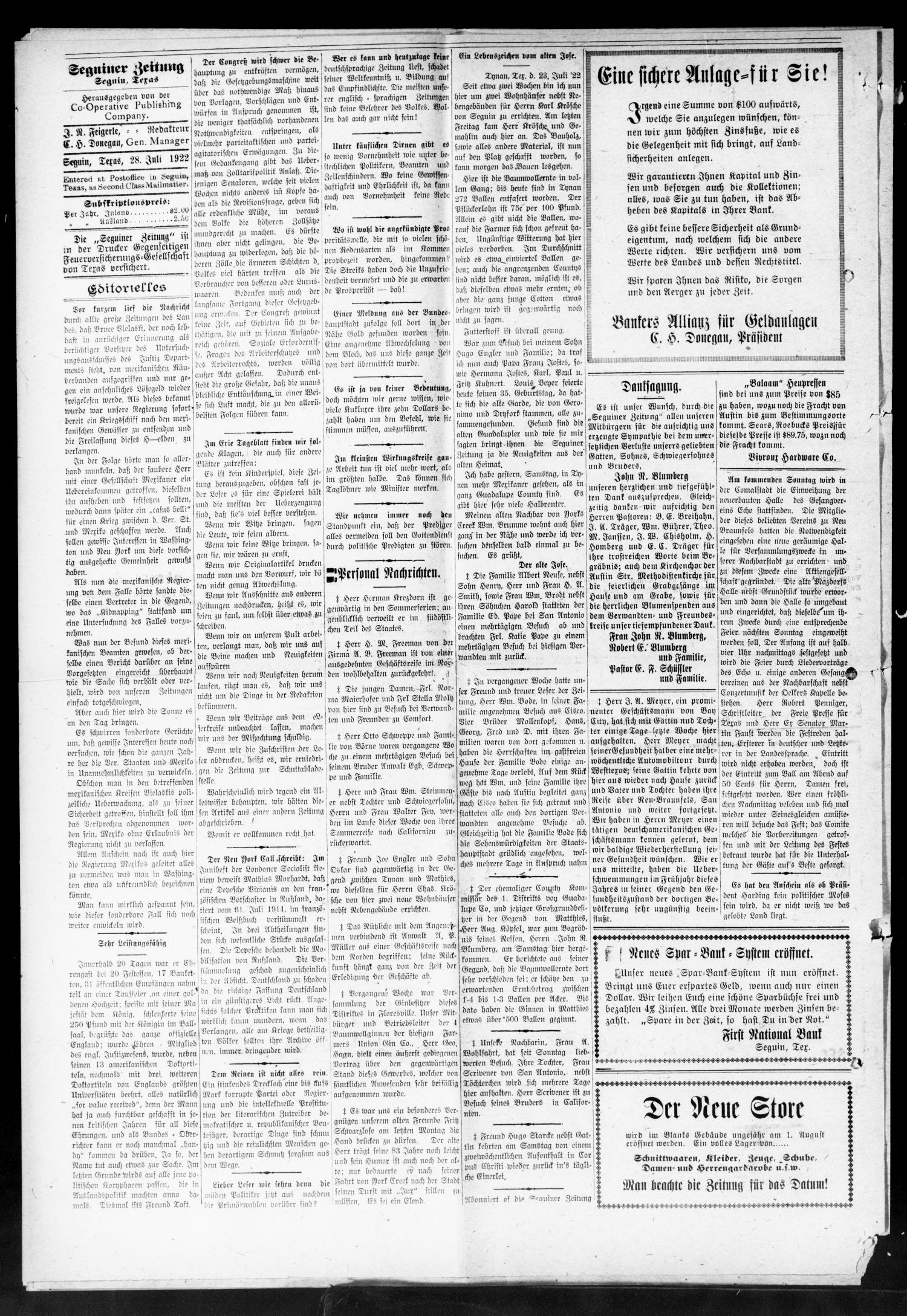 Seguiner Zeitung. (Seguin, Tex.), Vol. 31, No. 48, Ed. 1 Friday, July 28, 1922
                                                
                                                    [Sequence #]: 4 of 8
                                                