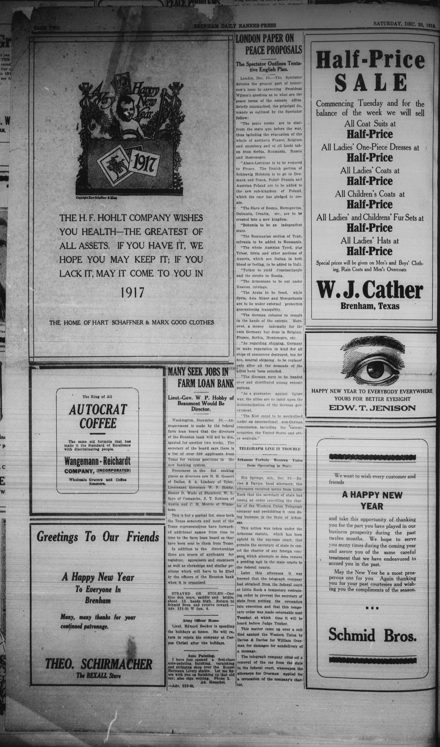 Brenham Daily Banner-Press (Brenham, Tex.), Vol. 33, No. 233, Ed. 1 Saturday, December 30, 1916
                                                
                                                    [Sequence #]: 2 of 8
                                                