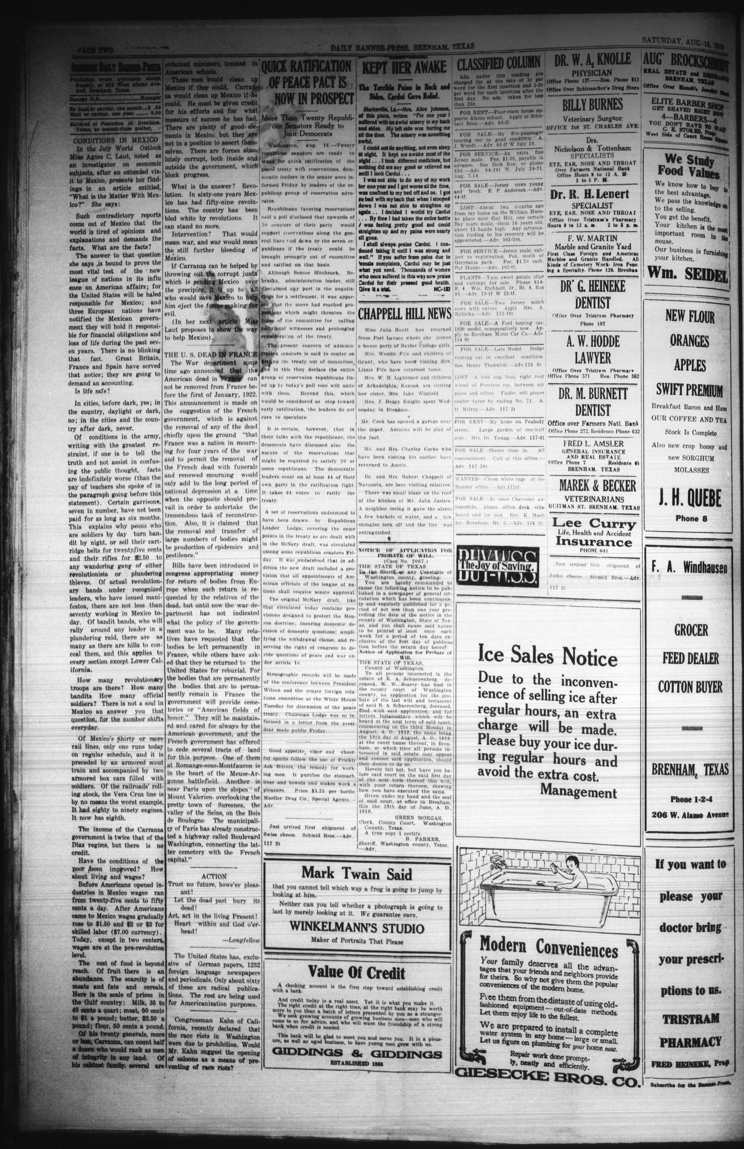 Brenham Daily Banner-Press (Brenham, Tex.), Vol. 36, No. 118, Ed. 1 Saturday, August 16, 1919
                                                
                                                    [Sequence #]: 2 of 4
                                                