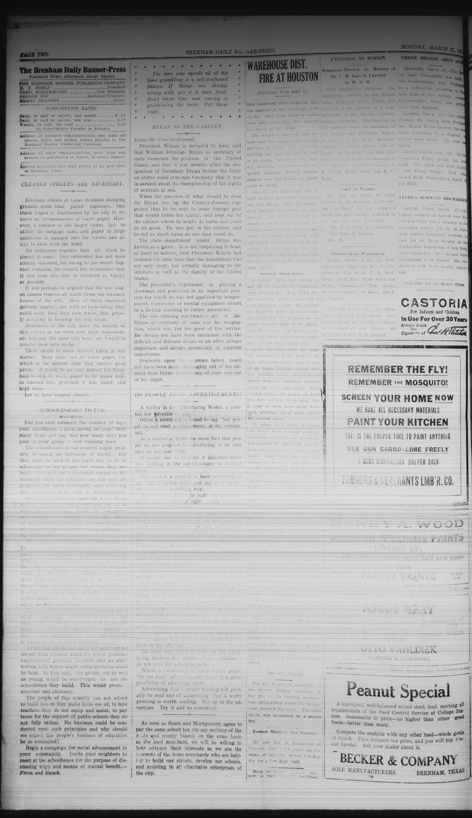 Brenham Daily Banner-Press (Brenham, Tex.), Vol. 33, No. 1, Ed. 1 Monday, March 27, 1916
                                                
                                                    [Sequence #]: 2 of 6
                                                