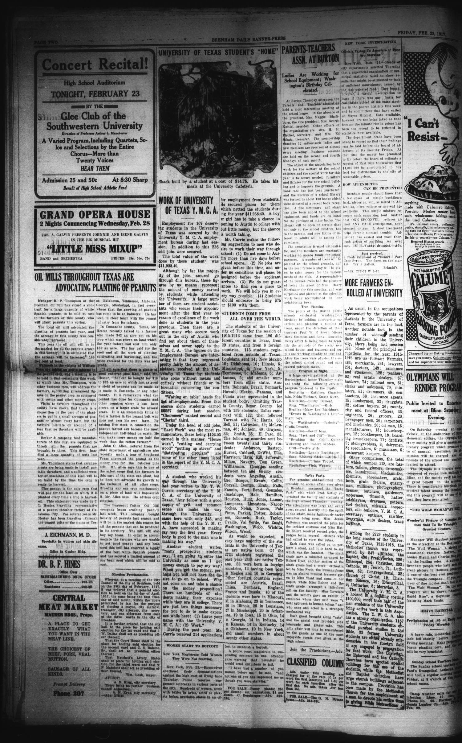 Brenham Daily Banner-Press (Brenham, Tex.), Vol. 33, No. 278, Ed. 1 Friday, February 23, 1917
                                                
                                                    [Sequence #]: 2 of 6
                                                