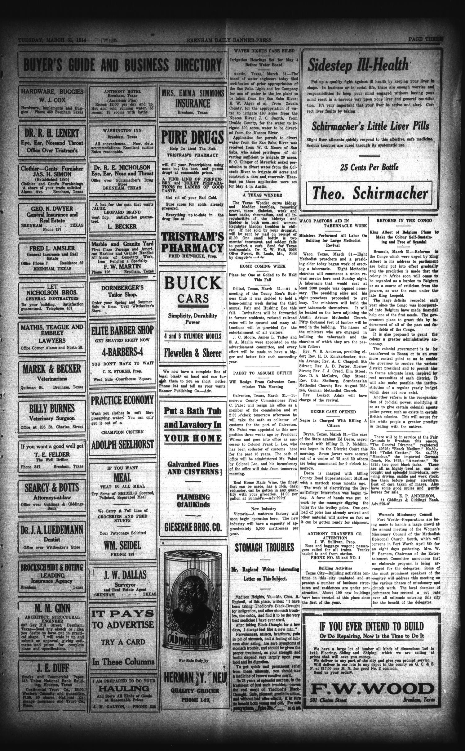Brenham Daily Banner-Press (Brenham, Tex.), Vol. 31, No. 4, Ed. 1 Tuesday, March 31, 1914
                                                
                                                    [Sequence #]: 3 of 8
                                                