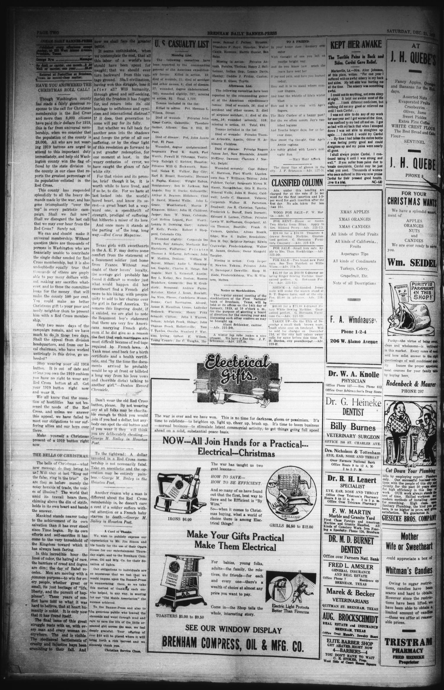 Brenham Daily Banner-Press (Brenham, Tex.), Vol. 35, No. 228, Ed. 1 Saturday, December 21, 1918
                                                
                                                    [Sequence #]: 2 of 2
                                                