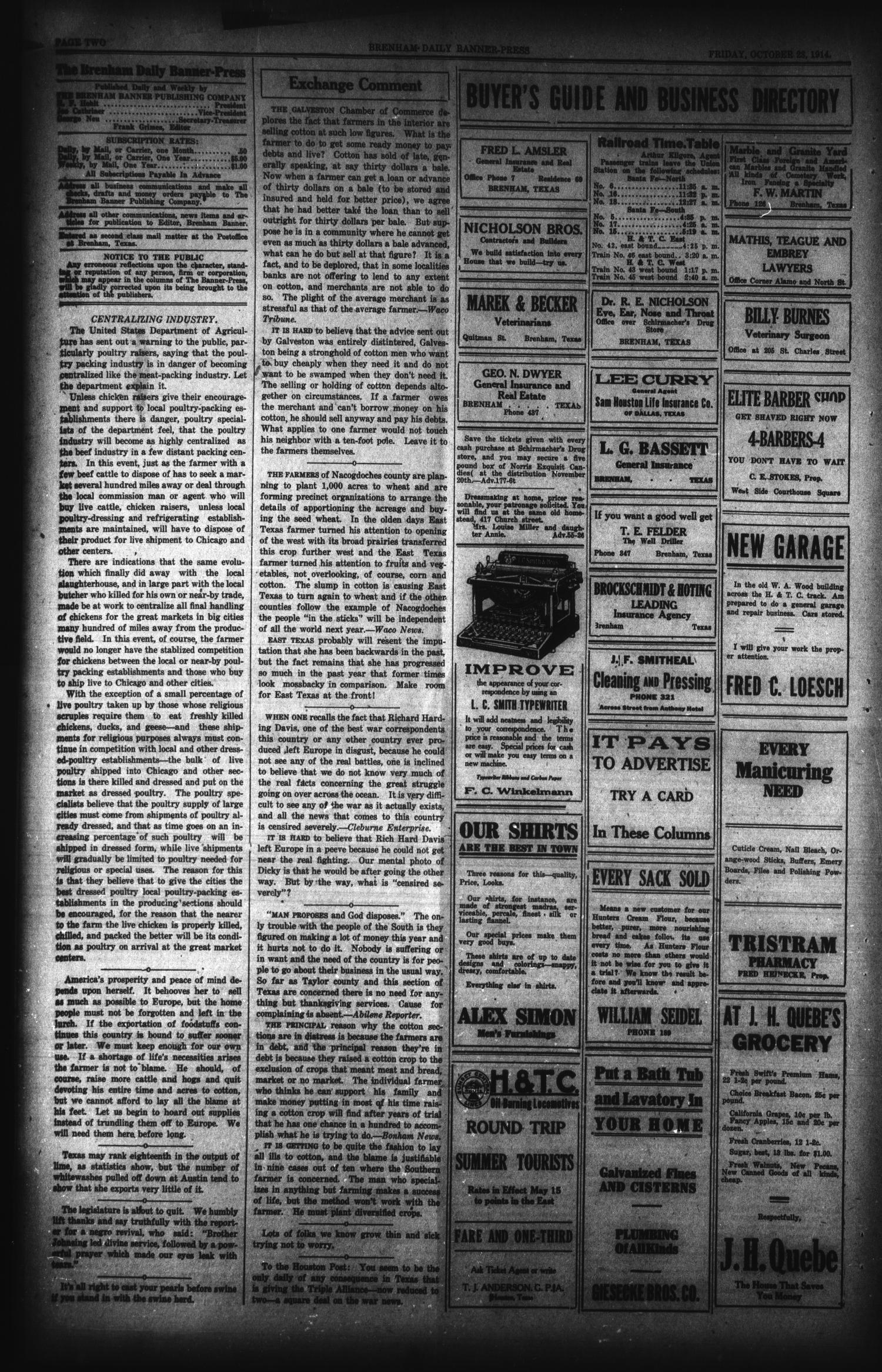 Brenham Daily Banner-Press (Brenham, Tex.), Vol. 31, No. 179, Ed. 1 Friday, October 23, 1914
                                                
                                                    [Sequence #]: 2 of 6
                                                