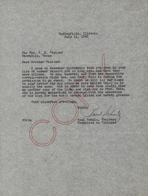 Primary view of object titled '[Letter from Paul Schulz to F. H. Stelzer, July 11, 1946]'.