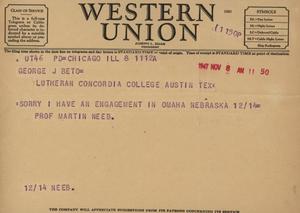 Primary view of object titled '[Telegram from Martin Neeb to George Beto, November 8, 1947]'.