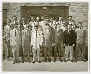 Primary view of object titled '[Concordia Students Standing in Front of Hirschi Memorial Library]'.