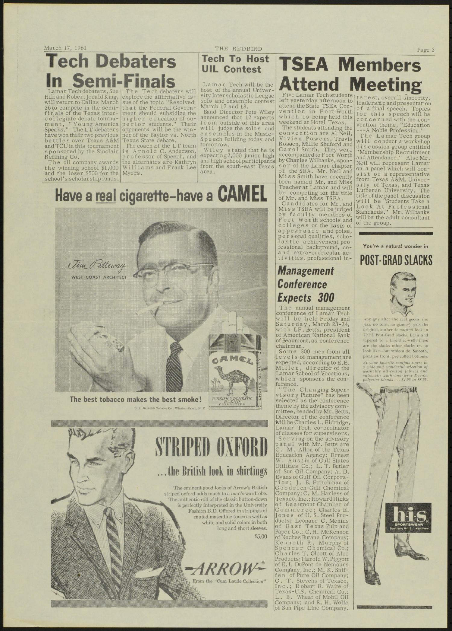 The Redbird (Beaumont, Tex.), Vol. 10, No. 20, Ed. 1 Friday, March 17, 1961
                                                
                                                    [Sequence #]: 3 of 6
                                                