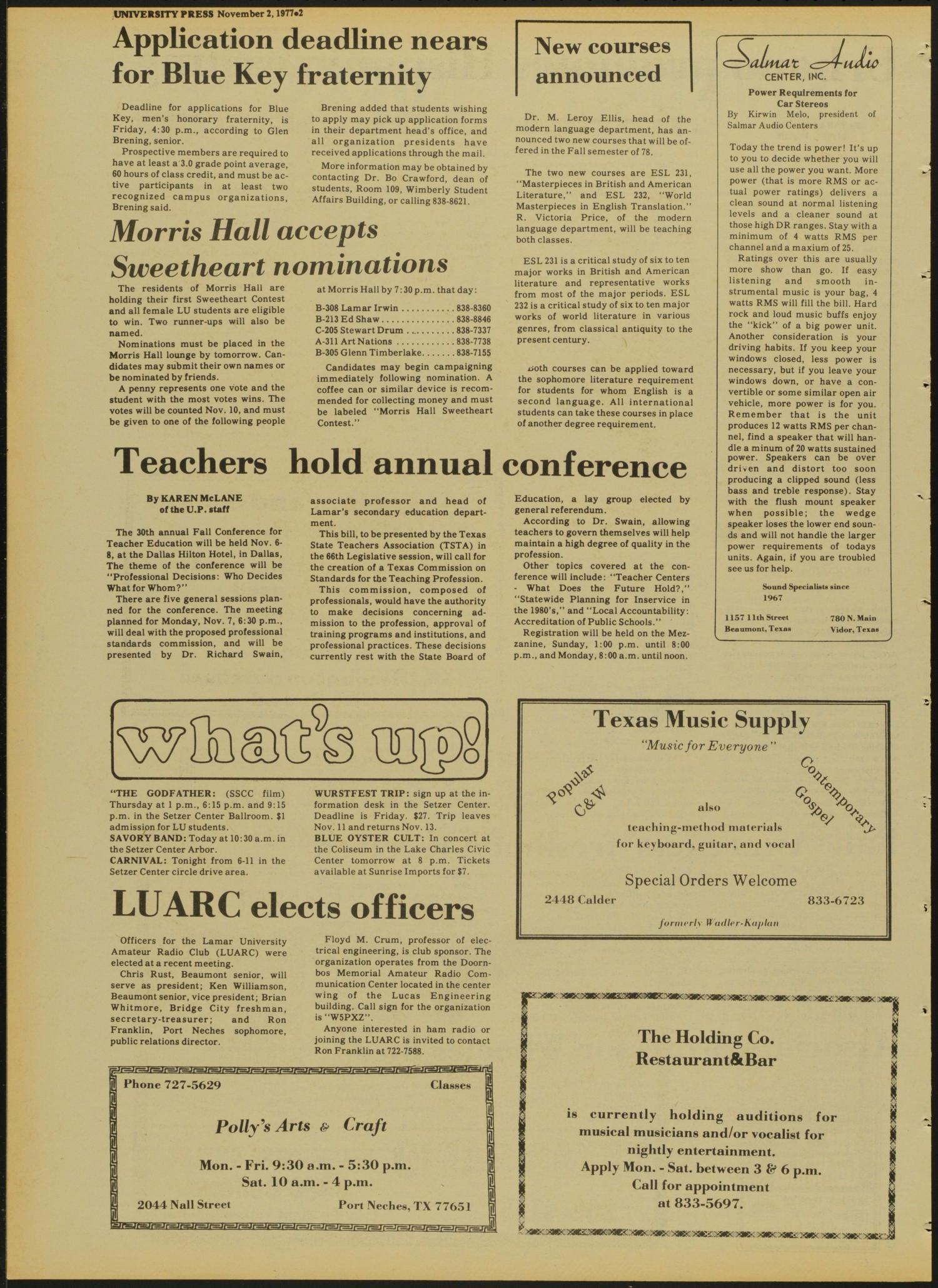 Lamar University Press (Beaumont, Tex.), Vol. 28, No. 17, Ed. 1 Wednesday, November 2, 1977
                                                
                                                    [Sequence #]: 2 of 12
                                                