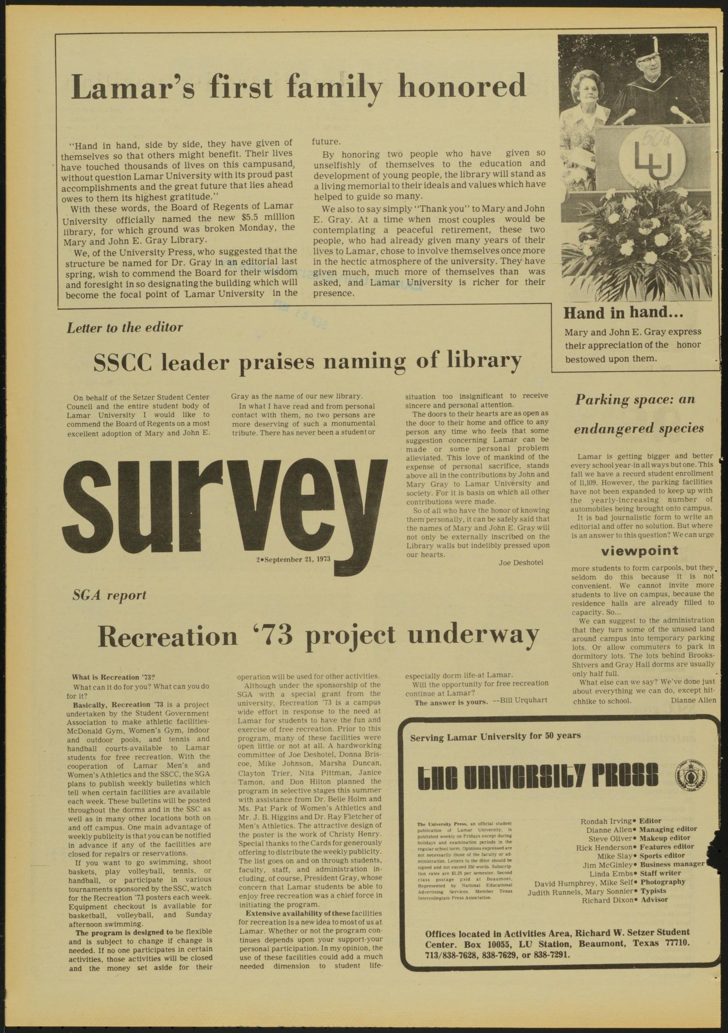 The University Press (Beaumont, Tex.), Vol. 24, No. 1, Ed. 1 Friday, September 21, 1973
                                                
                                                    [Sequence #]: 2 of 12
                                                