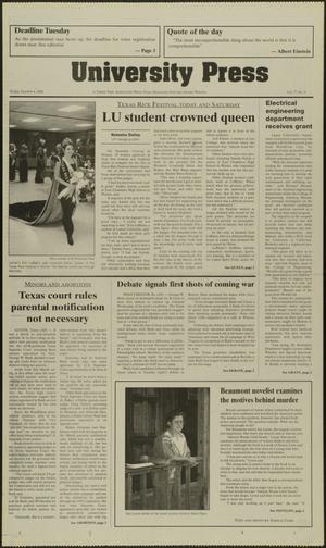 Primary view of object titled 'University Press (Beaumont, Tex.), Vol. 77, No. 9, Ed. 1 Friday, October 6, 2000'.