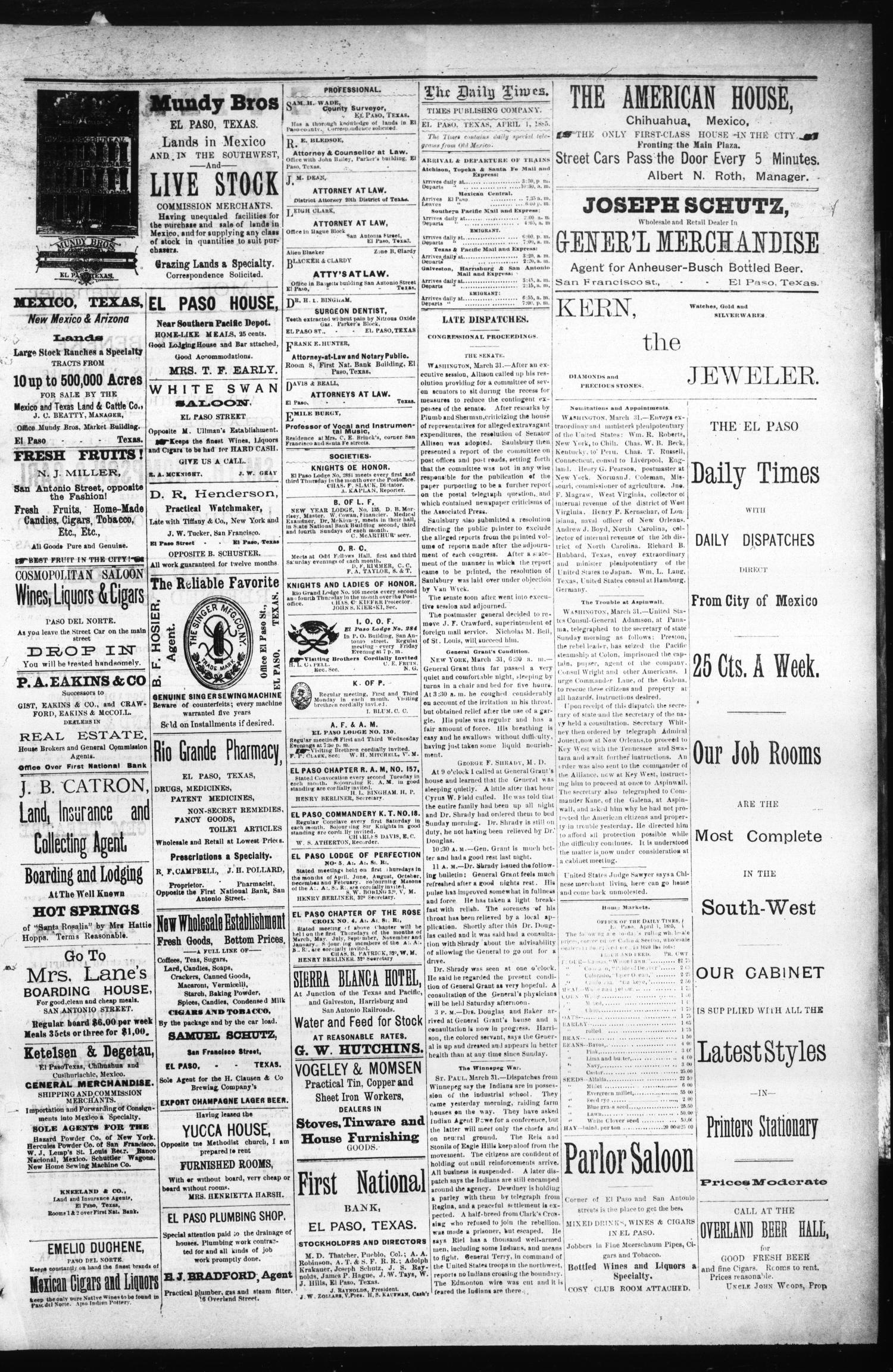 El Paso Daily Times. (El Paso, Tex.), Vol. 4, No. 297, Ed. 1 Wednesday, April 1, 1885
                                                
                                                    [Sequence #]: 3 of 4
                                                