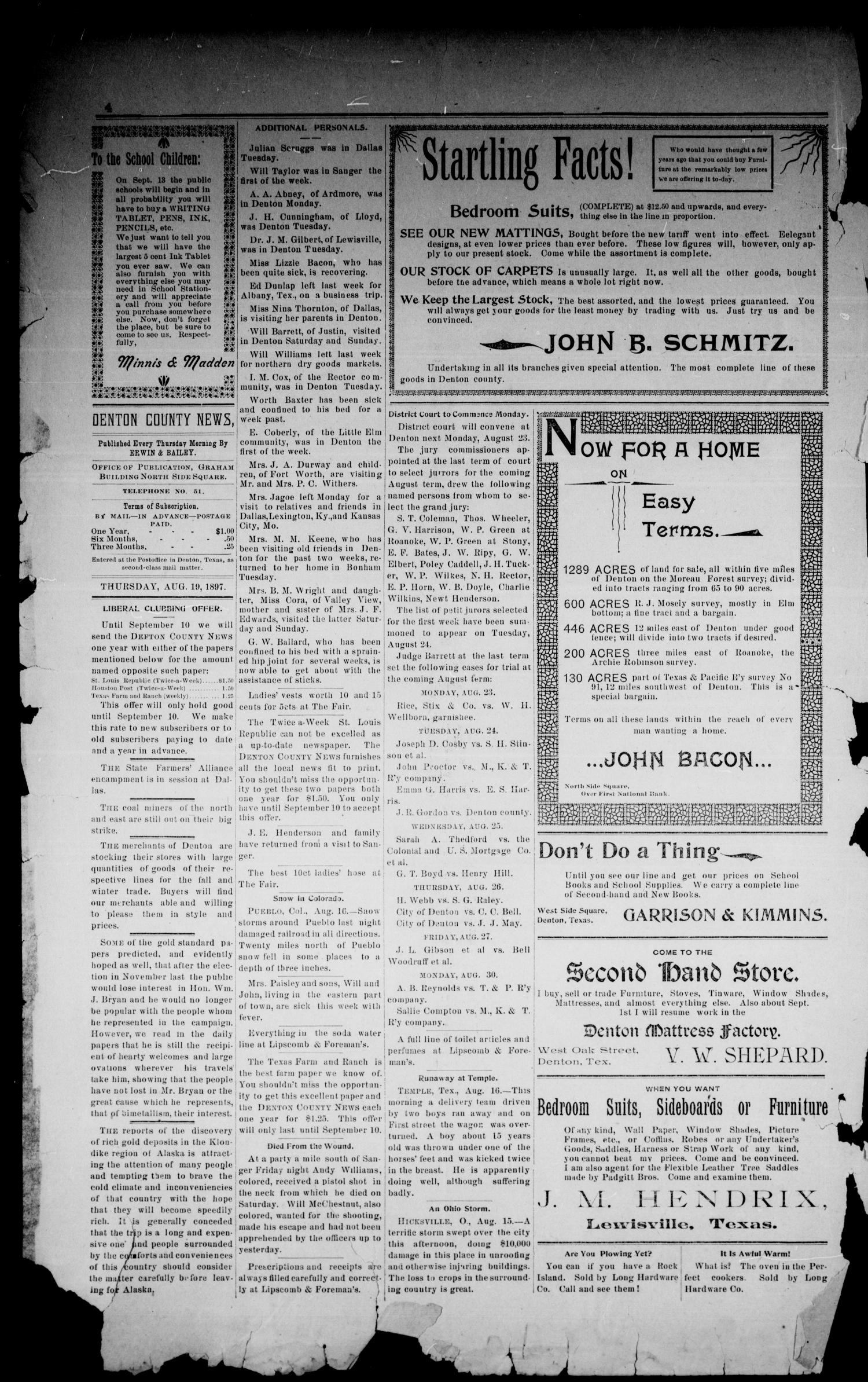 Denton County News. (Denton, Tex.), Vol. 6, No. 16, Ed. 1 Thursday, August 19, 1897
                                                
                                                    [Sequence #]: 4 of 8
                                                
