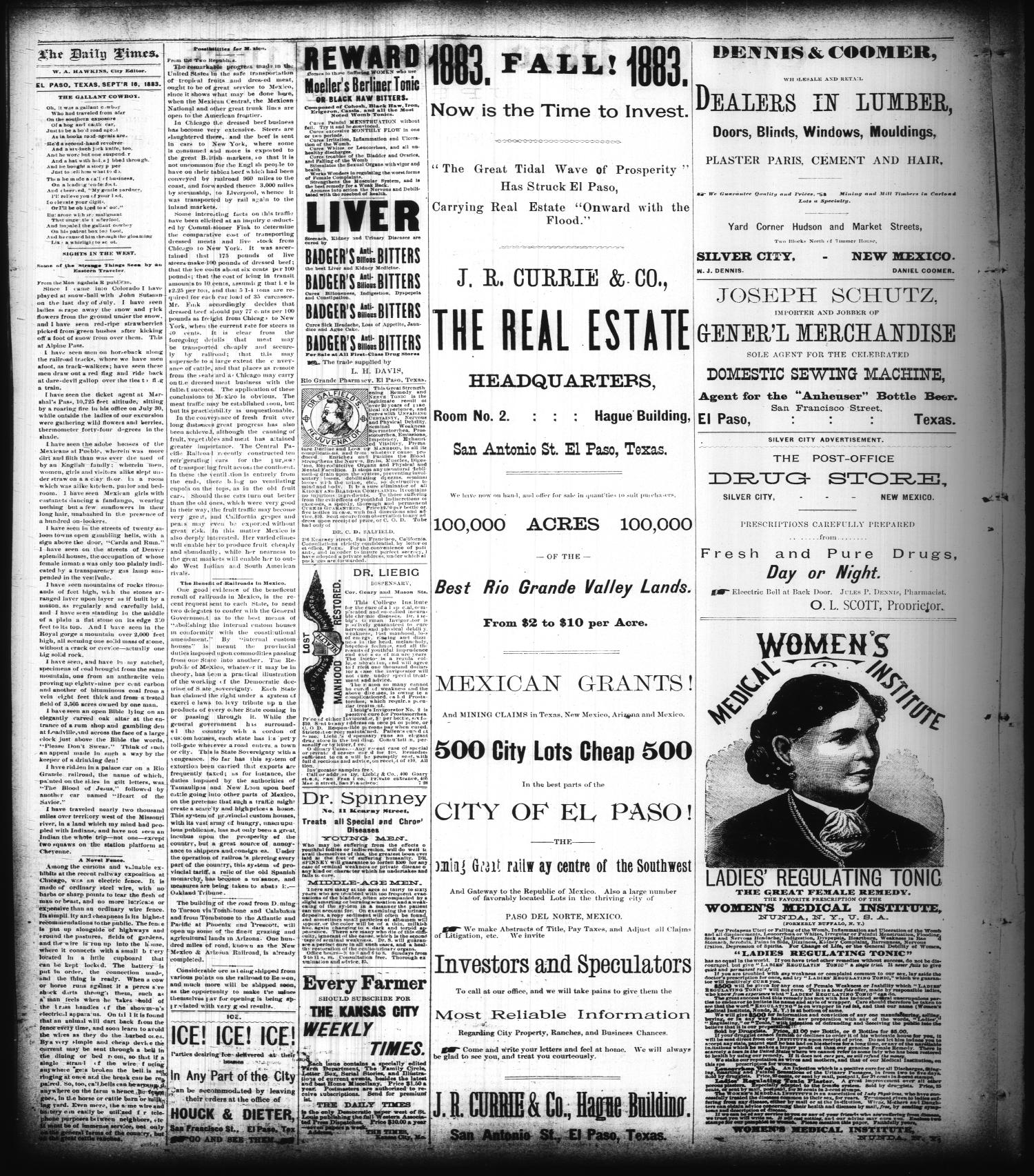 The El Paso Daily Times. (El Paso, Tex.), Vol. 2, No. 168, Ed. 1 Sunday, September 16, 1883
                                                
                                                    [Sequence #]: 4 of 6
                                                