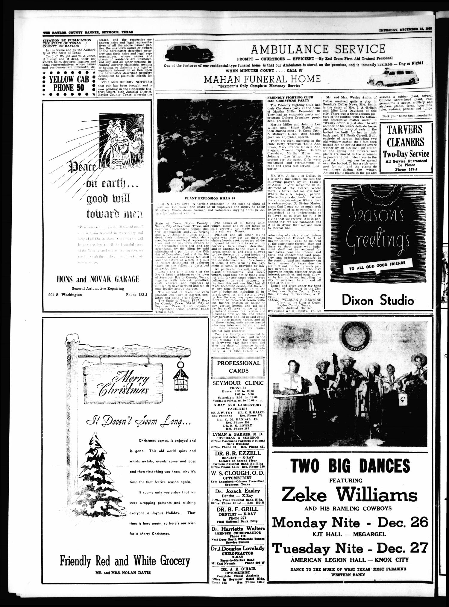 The Baylor County Banner (Seymour, Tex.), Vol. 54, No. 17, Ed. 1 Thursday, December 22, 1949
                                                
                                                    [Sequence #]: 8 of 20
                                                