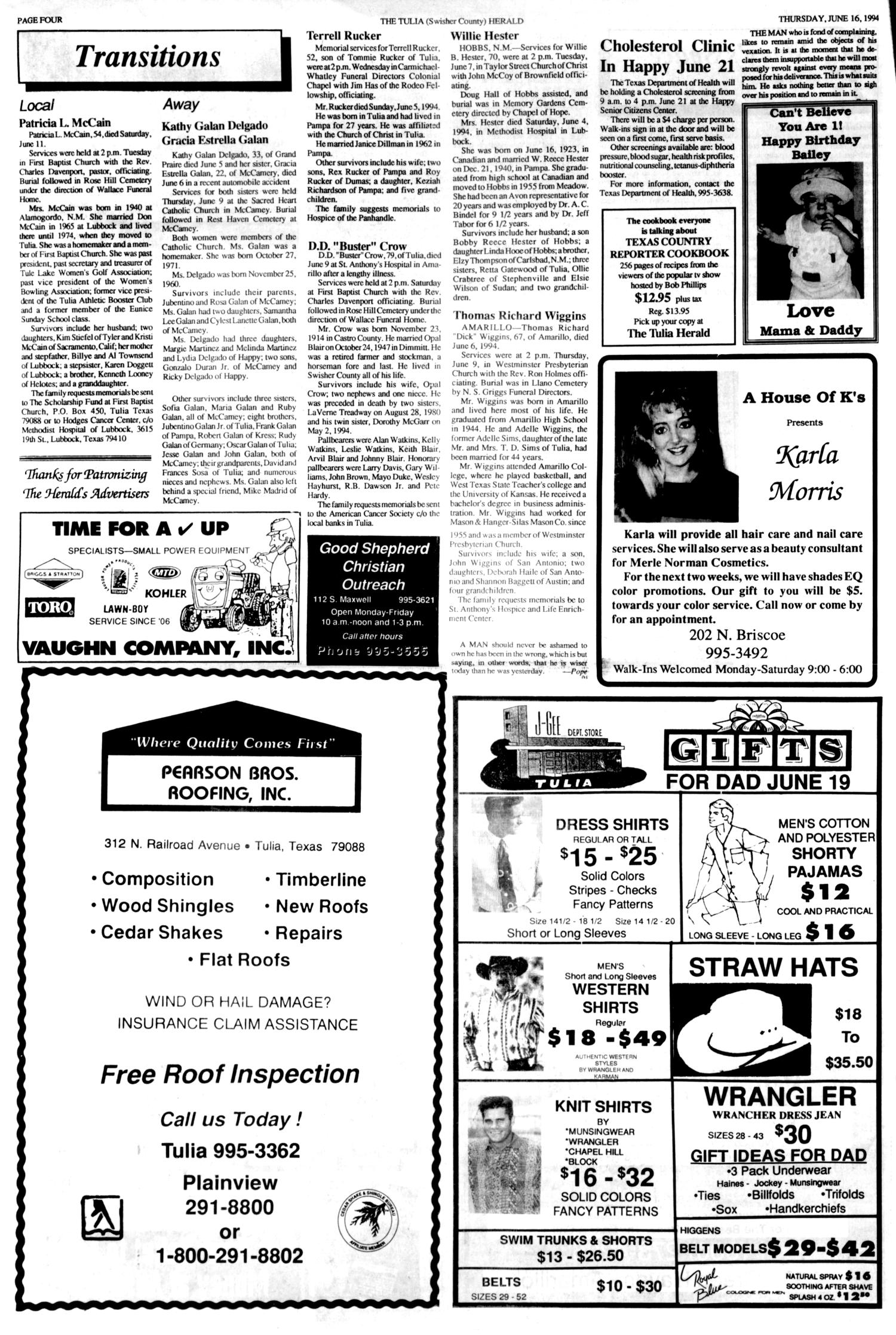 The Tulia Herald (Tulia, Tex.), Vol. 86, No. 24, Ed. 1 Thursday, June 16, 1994
                                                
                                                    [Sequence #]: 4 of 56
                                                
