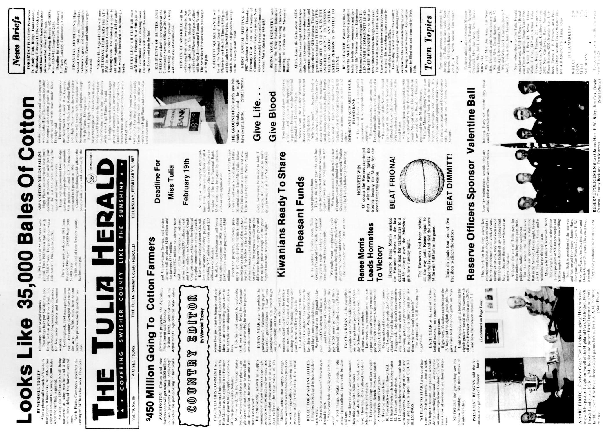 The Tulia Herald (Tulia, Tex.), Vol. 79, No. 6, Ed. 1 Thursday, February 5, 1987
                                                
                                                    [Sequence #]: 1 of 47
                                                