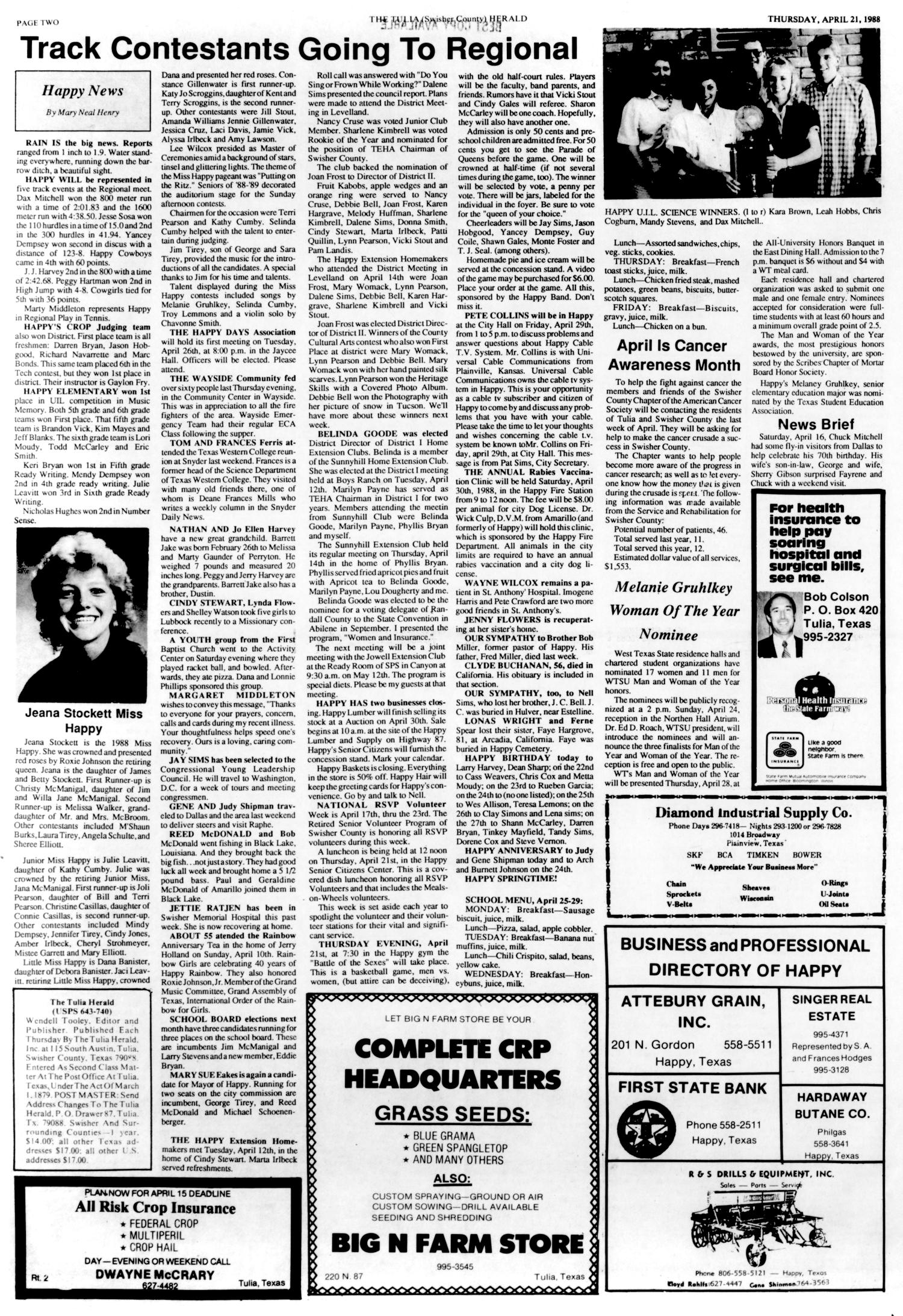The Tulia Herald (Tulia, Tex.), Vol. 80, No. 16, Ed. 1 Thursday, April 21, 1988
                                                
                                                    [Sequence #]: 2 of 33
                                                