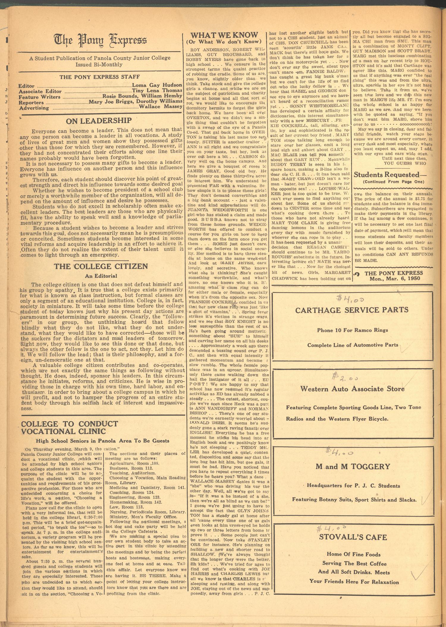 The Pony Express (Carthage, Tex.), Vol. 2, No. 7, Ed. 1 Saturday, May 6, 1950
                                                
                                                    [Sequence #]: 2 of 4
                                                