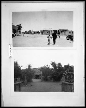 Primary view of object titled 'Crowds at Pueblos and Forts; Picture of Fort and Sod House'.