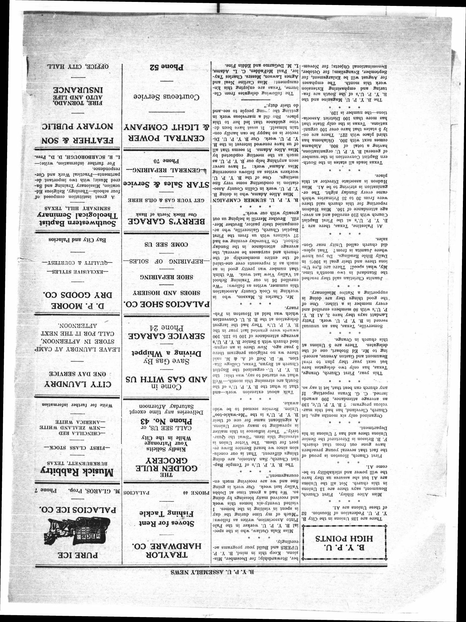 Baptist Young People's Union Assembly News (Palacios, Tex.), Vol. 9, No. 6, Ed. 1 Friday, July 15, 1927
                                                
                                                    [Sequence #]: 4 of 4
                                                