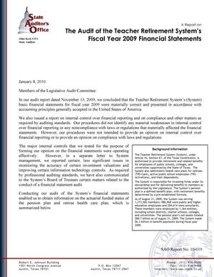 Primary view of object titled 'A Report on the Audit of the Teacher Retirement System's Fiscal Year 2009 Financial Statements'.