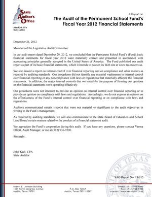 Primary view of object titled 'A Report on the Audit of the Permanent School Fund's Fiscal Year 2012 Financial Statements'.