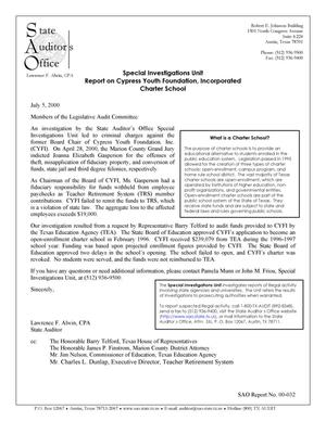 Primary view of object titled 'Special Investigations Unit Report on Cypress Youth Foundation, Incorporated Charter School'.