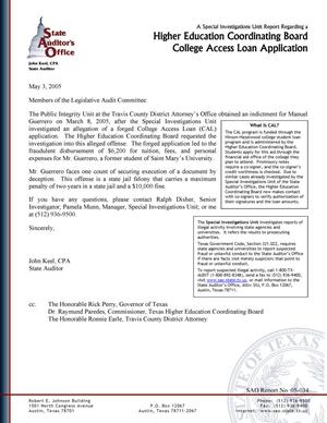 Primary view of object titled 'A Special Investigations Unit Report Regarding a Higher Education Coordinating Board College Access Loan Application'.