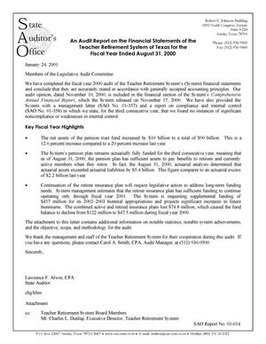 Primary view of object titled 'An Audit Report on the Financial Statements of the Teacher Retirement System of Texas for the Fiscal Year Ended August 31, 2000'.