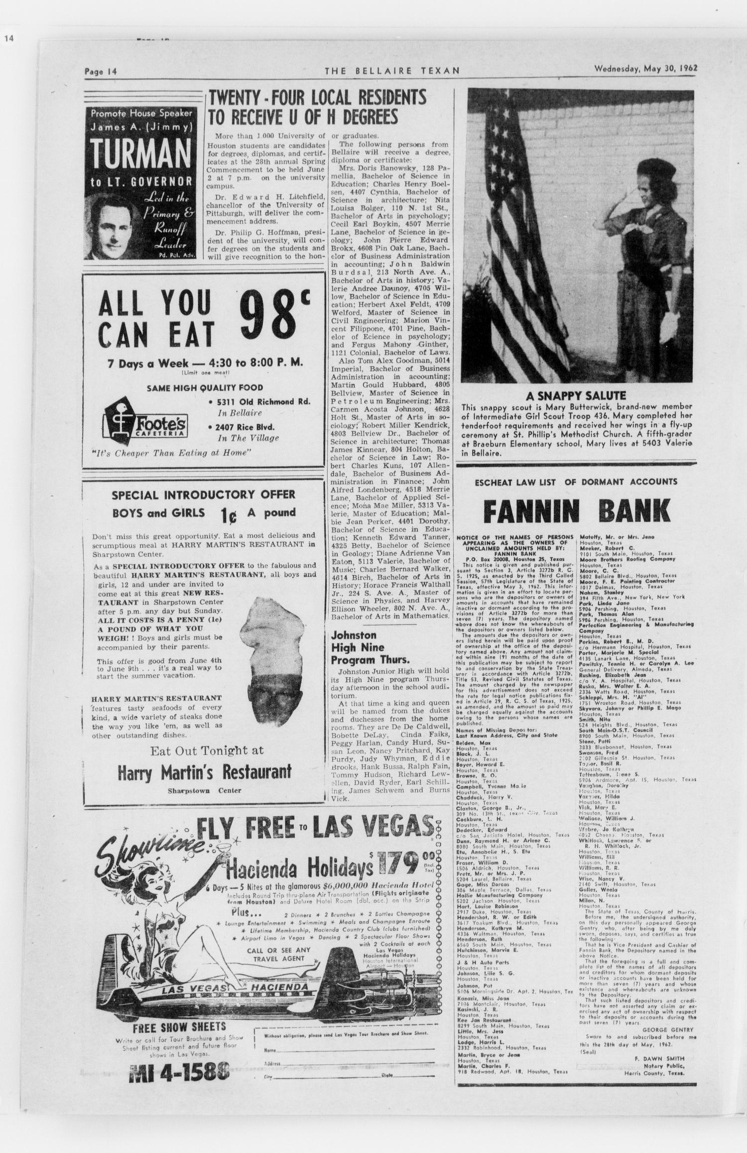 The Bellaire Texan (Bellaire, Tex.), Vol. 9, No. 14, Ed. 1 Wednesday, May 30, 1962
                                                
                                                    [Sequence #]: 14 of 24
                                                