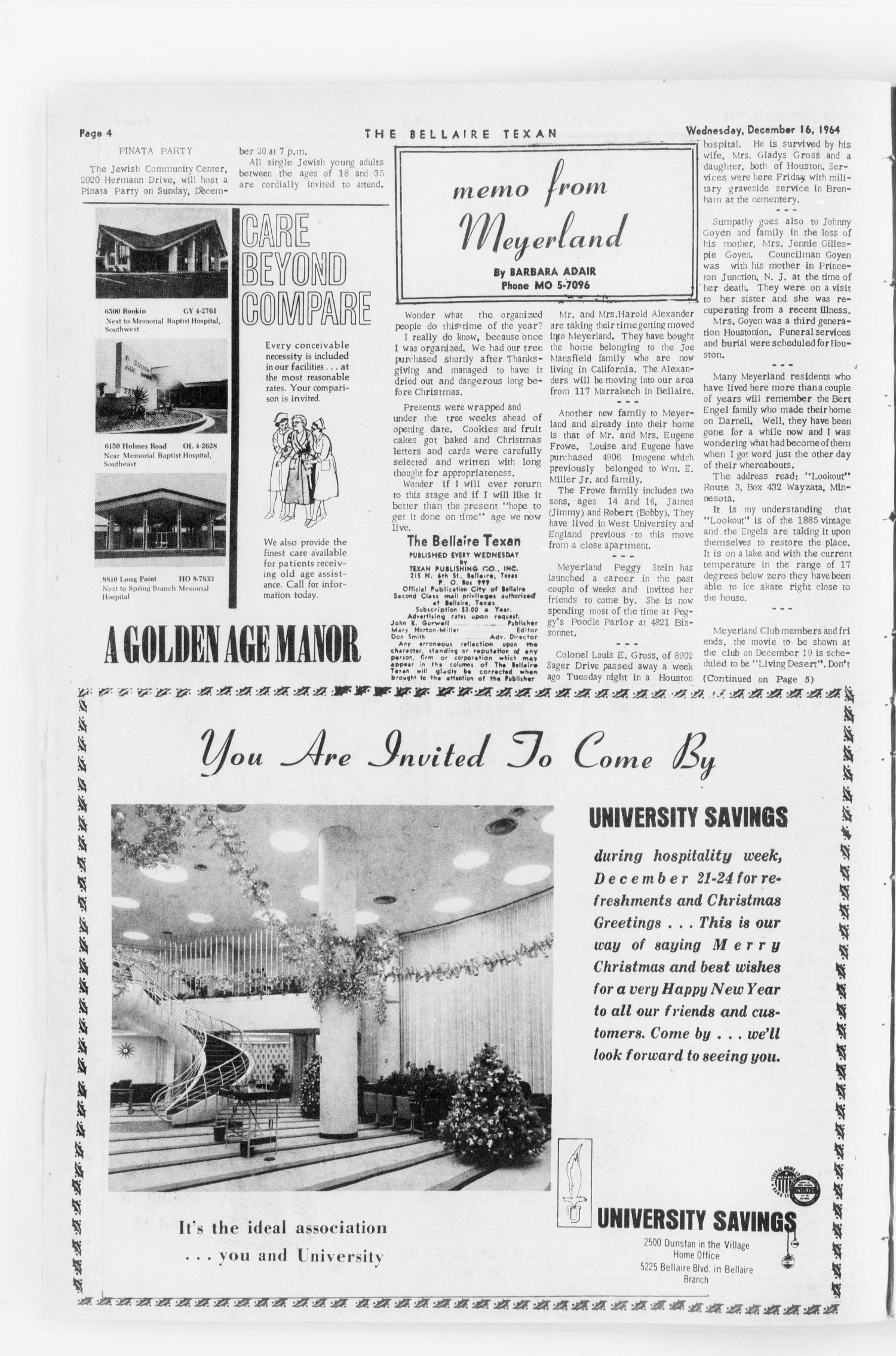 The Bellaire Texan (Bellaire, Tex.), Vol. 11, No. 41, Ed. 1 Wednesday, December 16, 1964
                                                
                                                    [Sequence #]: 4 of 32
                                                
