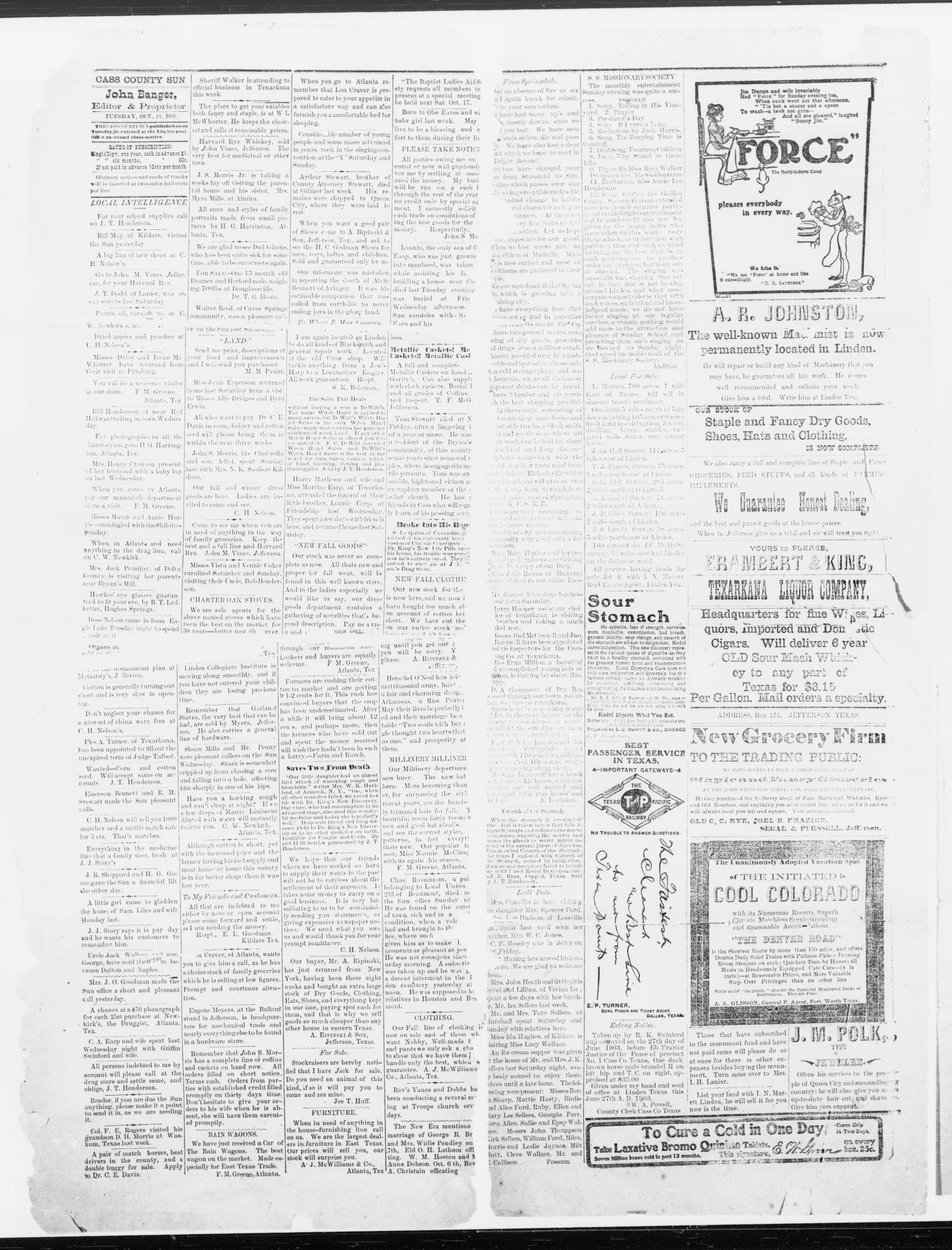 The Cass County Sun., Vol. 28, No. 39, Ed. 1 Tuesday, October 13, 1903
                                                
                                                    [Sequence #]: 2 of 2
                                                