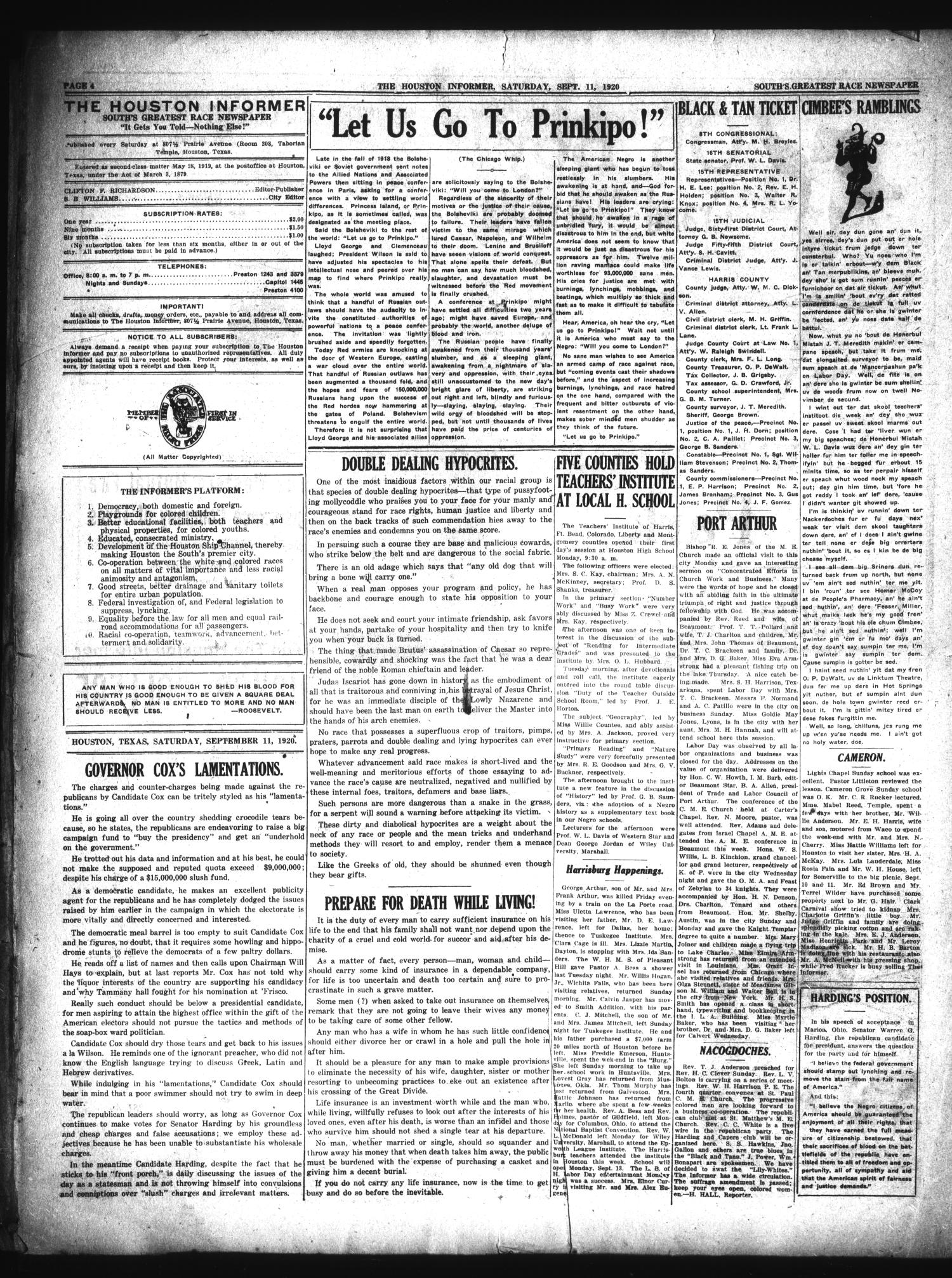 The Houston Informer (Houston, Tex.), Vol. 2, No. 17, Ed. 1 Saturday, September 11, 1920
                                                
                                                    [Sequence #]: 4 of 8
                                                