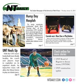 Primary view of NT Daily (Denton, Tex.), Vol. 102, No. 2, Ed. 1 Thursday, January 16, 2014