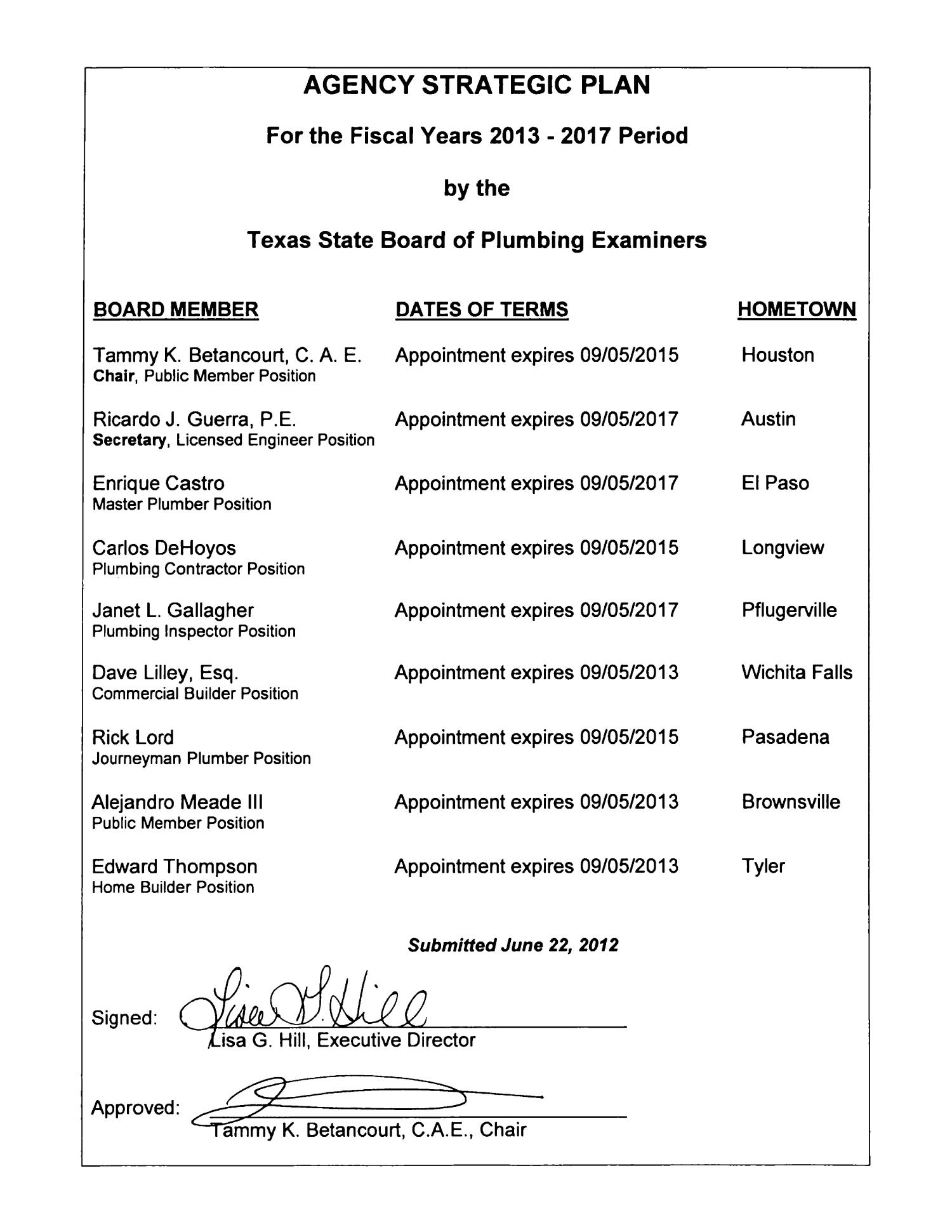 Texas State Board of Plumbing Examiners Strategic Plan: Fiscal Years 2013-2017
                                                
                                                    Title Page
                                                