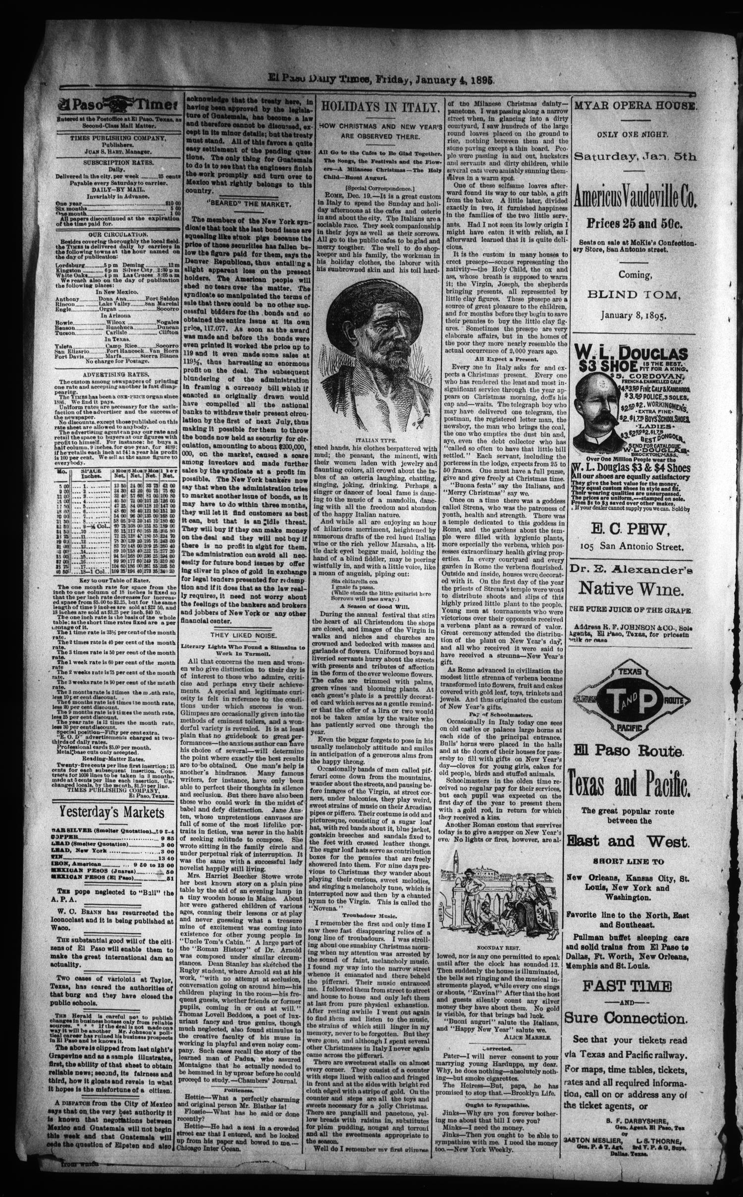 El Paso International Daily Times (El Paso, Tex.), Vol. 15, No. 3, Ed. 1 Friday, January 4, 1895
                                                
                                                    [Sequence #]: 4 of 8
                                                