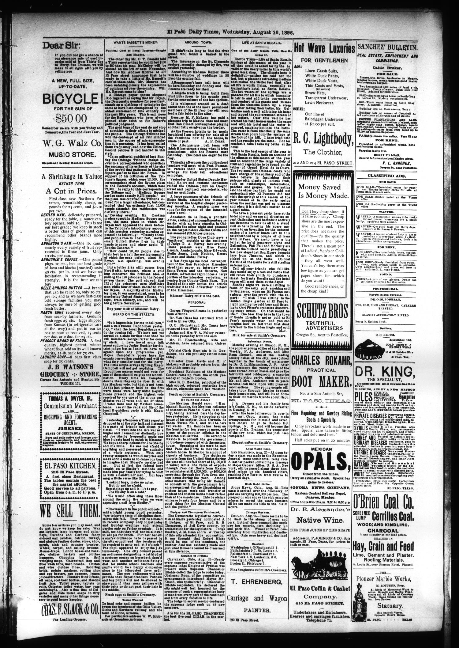 El Paso International Daily Times (El Paso, Tex.), Vol. SIXTEENTH YEAR, No. 208, Ed. 1 Wednesday, August 26, 1896
                                                
                                                    [Sequence #]: 3 of 4
                                                