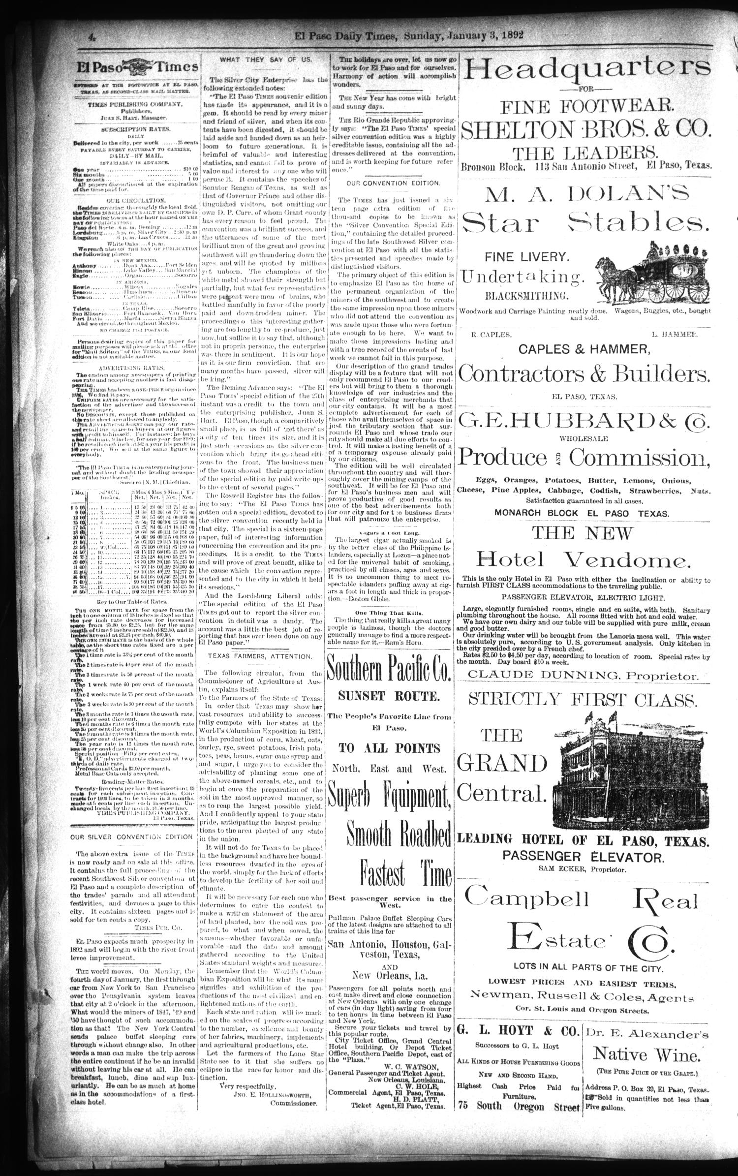 El Paso International Daily Times (El Paso, Tex.), Vol. 12, No. 2, Ed. 1 Sunday, January 3, 1892
                                                
                                                    [Sequence #]: 4 of 8
                                                