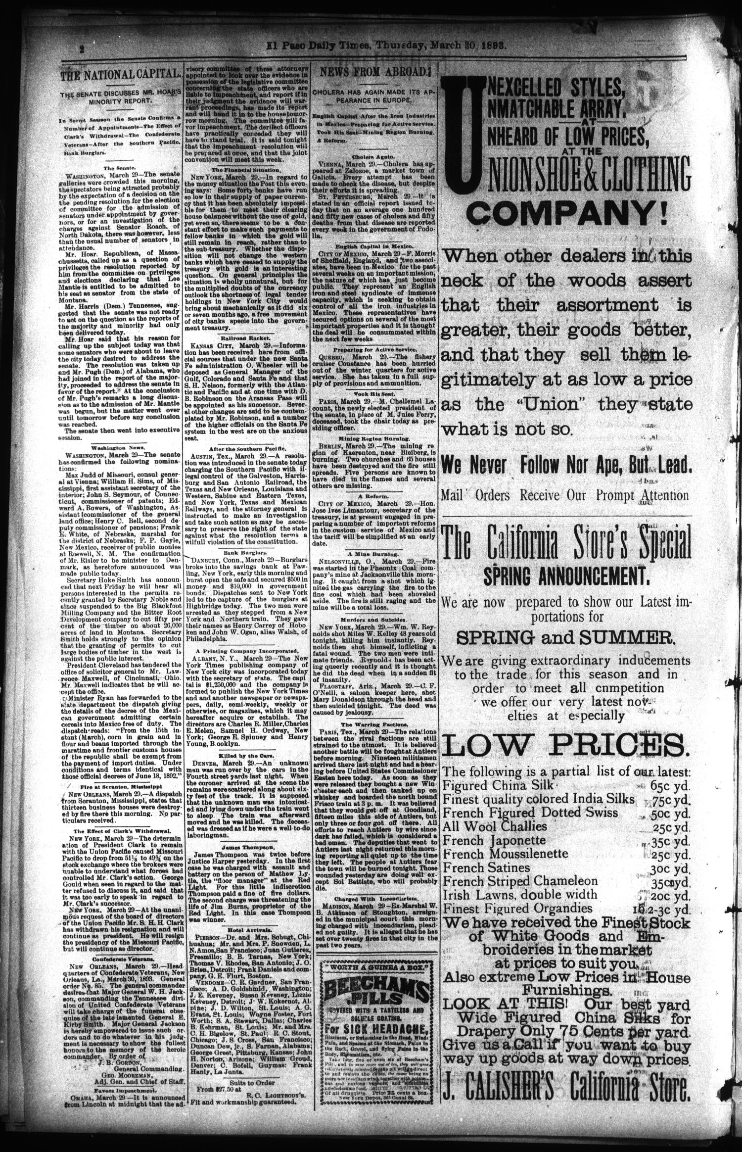 El Paso International Daily Times (El Paso, Tex.), Vol. 13, No. 76, Ed. 1 Thursday, March 30, 1893
                                                
                                                    [Sequence #]: 2 of 8
                                                