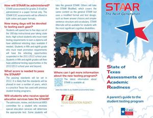 Primary view of object titled 'State of Texas Assessments Academic Readiness The Next Generation, A parent's guide to the high school testing program'.