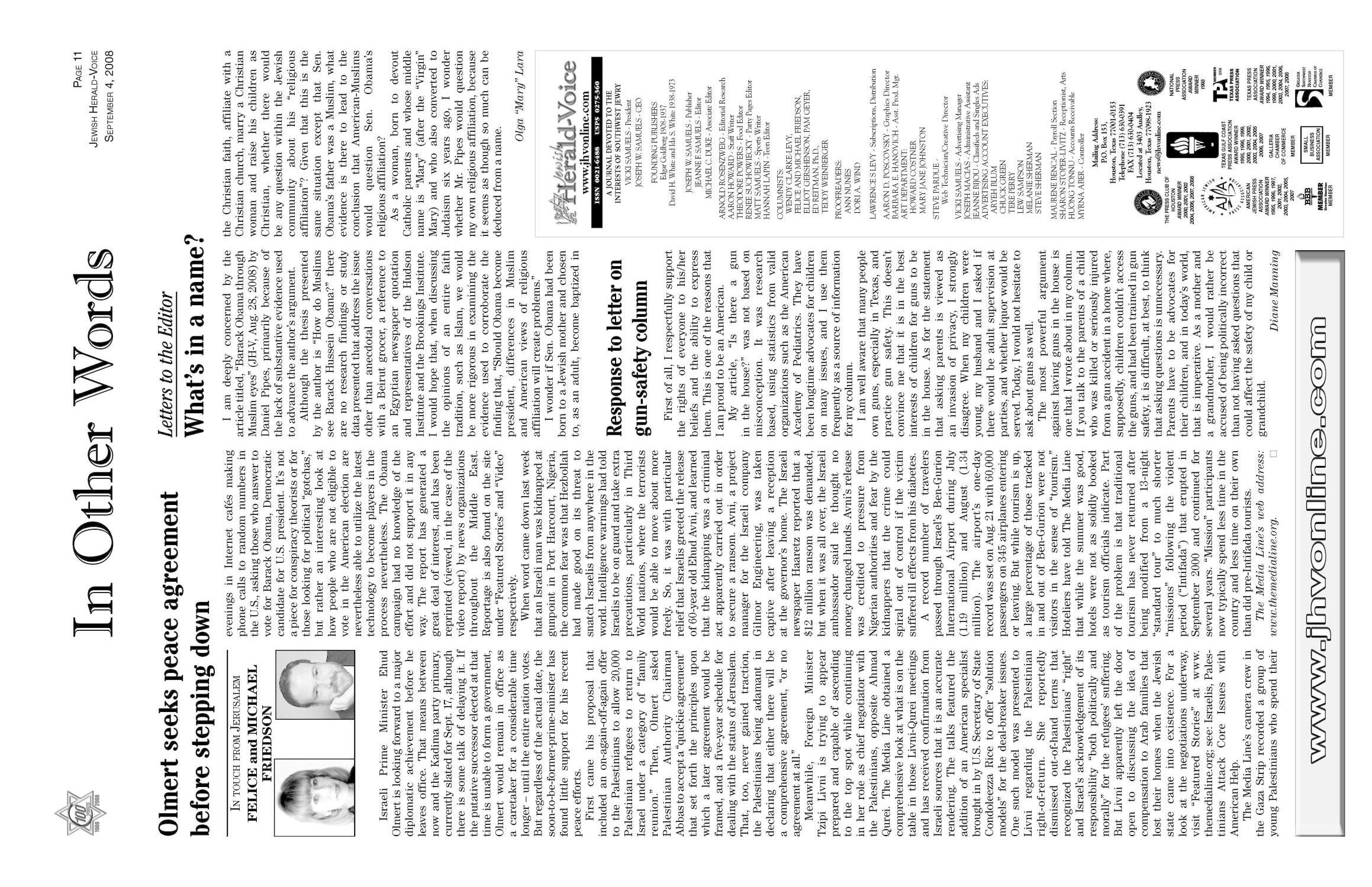 Jewish Herald-Voice (Houston, Tex.), Vol. 100, No. 22, Ed. 1 Thursday, September 4, 2008
                                                
                                                    [Sequence #]: 11 of 20
                                                
